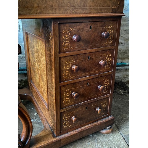 90 - A Victorian burr walnut and marquetry Davenport with fitted stationary box over a red leather slope ... 