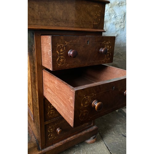 90 - A Victorian burr walnut and marquetry Davenport with fitted stationary box over a red leather slope ... 