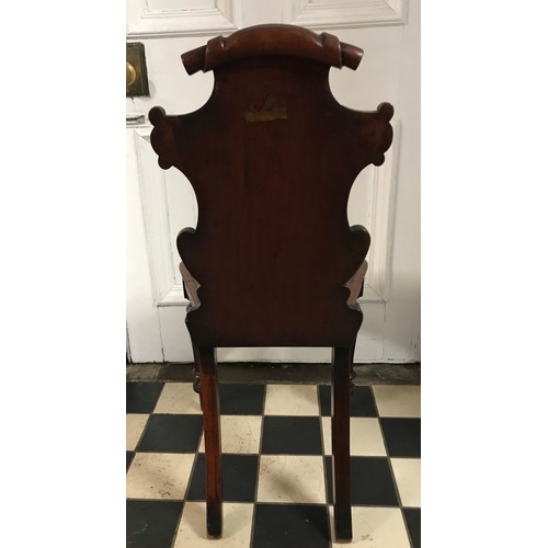 87 - A Victorian mahogany hall chair. Ht to back 90cm, ht to seat 43cm width at front 45cm.