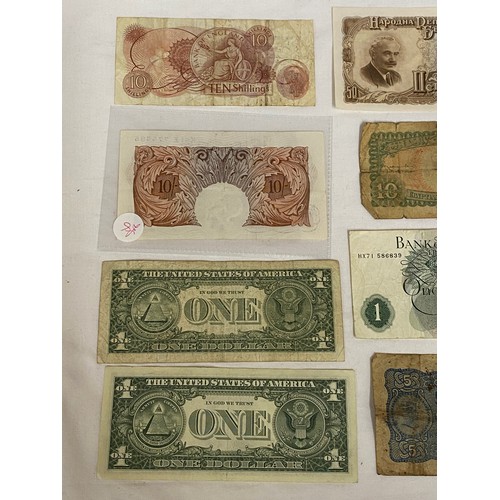 557 - Two ten shilling notes, a one pound note, two U.S. one dollar bills, a 1951 Bulgarian 50 Leva note, ... 