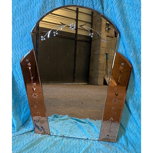 949 - A vintage mirror with rose gold glass side panels. 76 h x 63cm w.