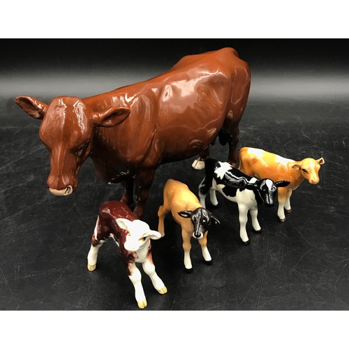 131 - Beswick Red Poll cow 16cm h, Beswick Hereford Calf 7.5cm h, and a Beswick Jersey Calf along with oth... 