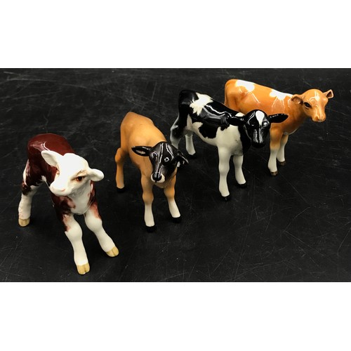 131 - Beswick Red Poll cow 16cm h, Beswick Hereford Calf 7.5cm h, and a Beswick Jersey Calf along with oth... 