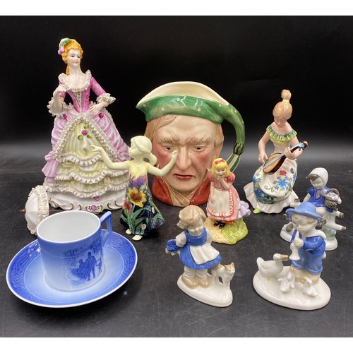 136 - A quantity of ceramics to include Beswick Toby jug 372 Scrooge, Old Tupton ware x 2 lady figurines, ... 