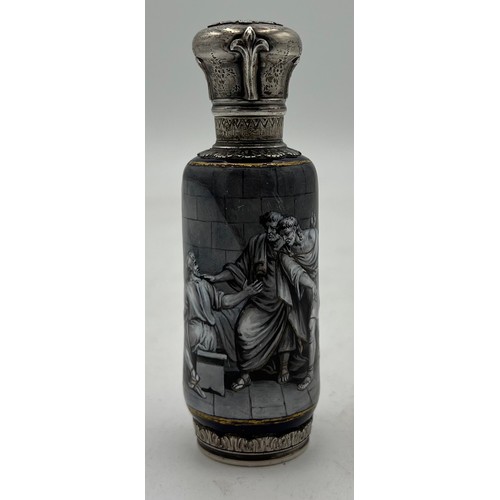 985 - A superb Limoges en grisaille enamel scent bottle with unmarked white metal mounts. 9cm h.