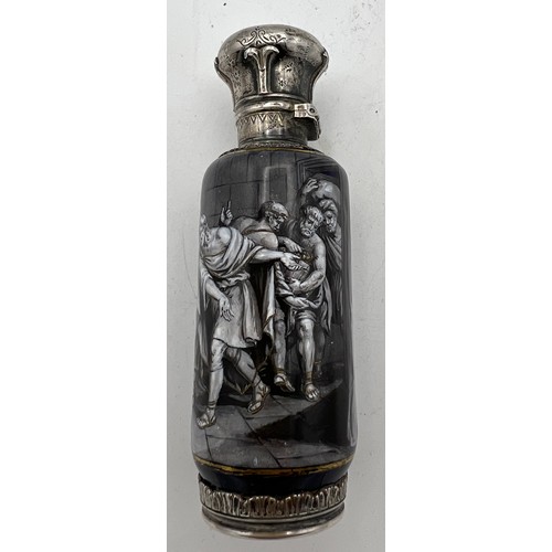 985 - A superb Limoges en grisaille enamel scent bottle with unmarked white metal mounts. 9cm h.