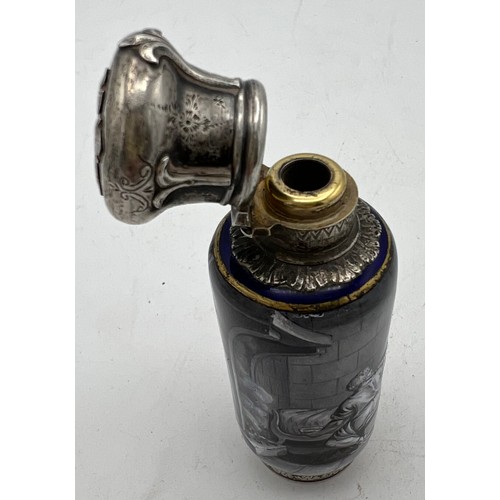 985 - A superb Limoges en grisaille enamel scent bottle with unmarked white metal mounts. 9cm h.