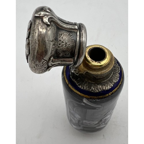 985 - A superb Limoges en grisaille enamel scent bottle with unmarked white metal mounts. 9cm h.