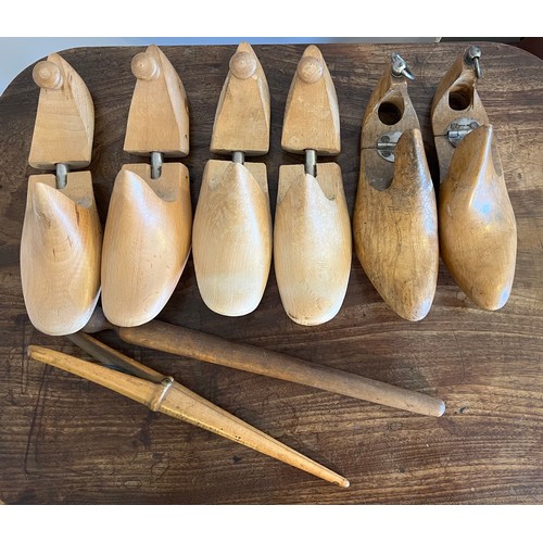 988 - Tree pairs of vintage wooden shoe lasts , 19thC glove stretchers inscribed Sylvie Proust ?  née à Ne... 