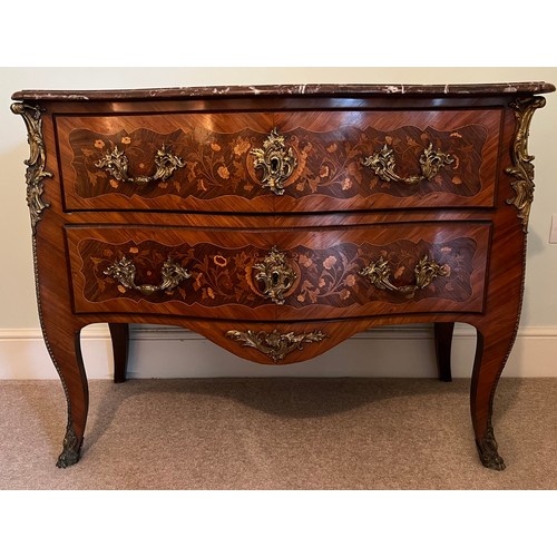 68 - A 19thC French marquetry commode with marble top and  ormolu mounts with two drawers, 114cm w x 53cm... 