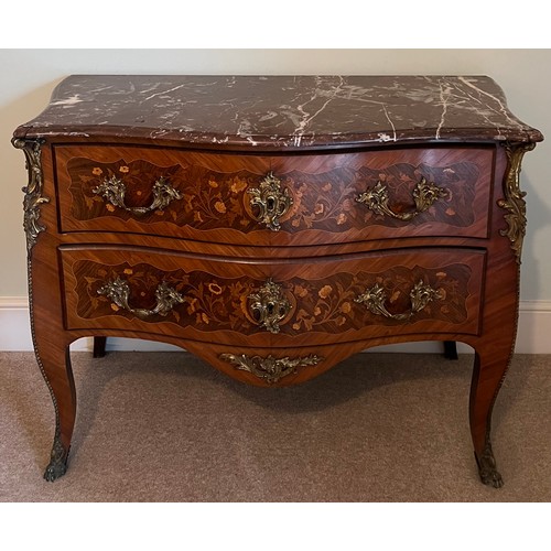 68 - A 19thC French marquetry commode with marble top and  ormolu mounts with two drawers, 114cm w x 53cm... 