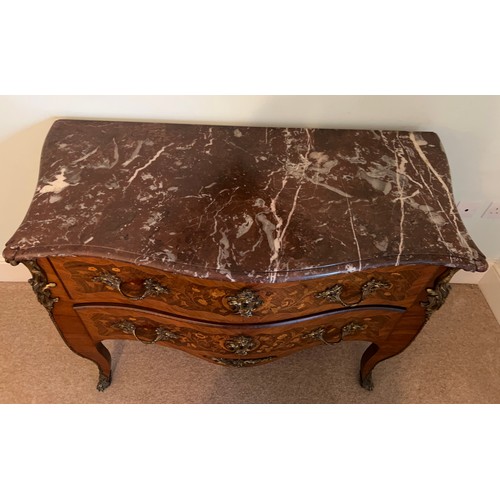 68 - A 19thC French marquetry commode with marble top and  ormolu mounts with two drawers, 114cm w x 53cm... 