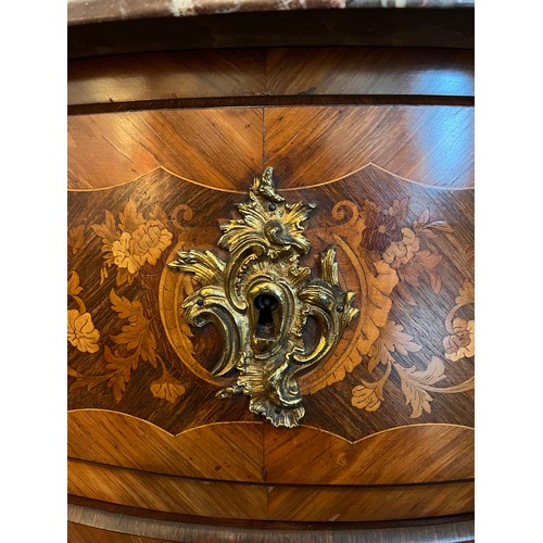 68 - A 19thC French marquetry commode with marble top and  ormolu mounts with two drawers, 114cm w x 53cm... 