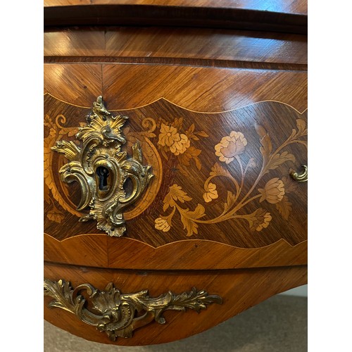 68 - A 19thC French marquetry commode with marble top and  ormolu mounts with two drawers, 114cm w x 53cm... 