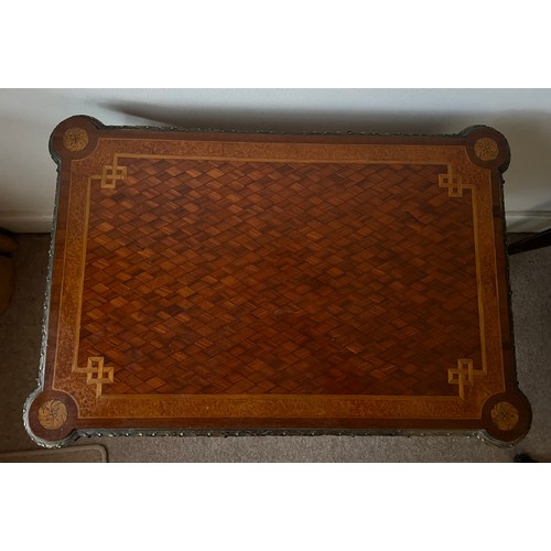 70 - A 19thC parquetry ladies dressing table with ormolu mounts made by and stamped Lamb of Manchester. 6... 