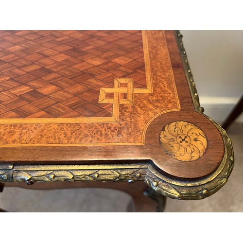 70 - A 19thC parquetry ladies dressing table with ormolu mounts made by and stamped Lamb of Manchester. 6... 