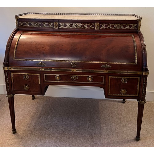 71 - Fine quality French cylinder bureau in plum pudding mahogany with brass mounts, finished to reverse.... 