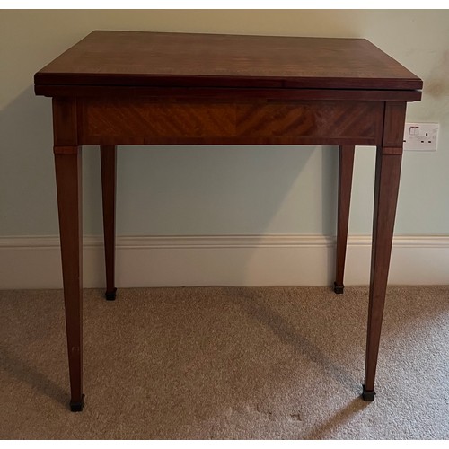 77 - A 19thC French metamorphic writing/card table in mahogany with parquetry top. 74cm w x 48cm d x 77cm... 