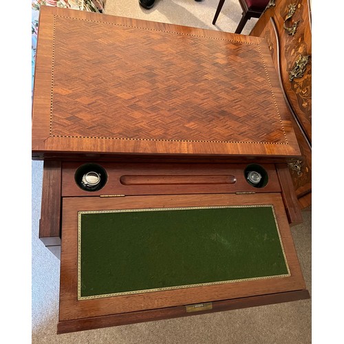 77 - A 19thC French metamorphic writing/card table in mahogany with parquetry top. 74cm w x 48cm d x 77cm... 