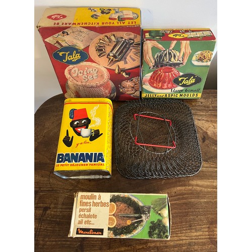 796 - Vintage kitchenalia to include Banania tin, Tala jelly moulds, Tala icing set, Moulinex moulin and a... 