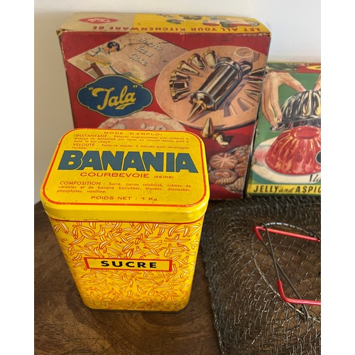 796 - Vintage kitchenalia to include Banania tin, Tala jelly moulds, Tala icing set, Moulinex moulin and a... 