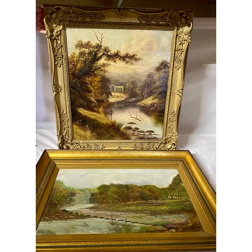 1170 - Two oils of Bolton Abbey one by D Ross depicting a fishermen in the River Wharfe signed lower right ... 