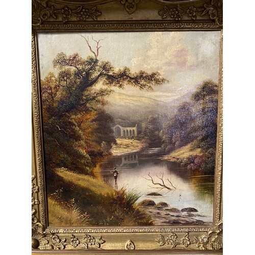 1170 - Two oils of Bolton Abbey one by D Ross depicting a fishermen in the River Wharfe signed lower right ... 