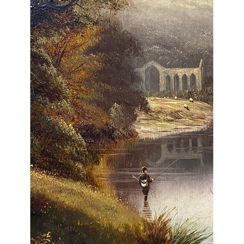 1170 - Two oils of Bolton Abbey one by D Ross depicting a fishermen in the River Wharfe signed lower right ... 