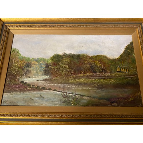 1170 - Two oils of Bolton Abbey one by D Ross depicting a fishermen in the River Wharfe signed lower right ... 