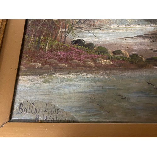 1170 - Two oils of Bolton Abbey one by D Ross depicting a fishermen in the River Wharfe signed lower right ... 