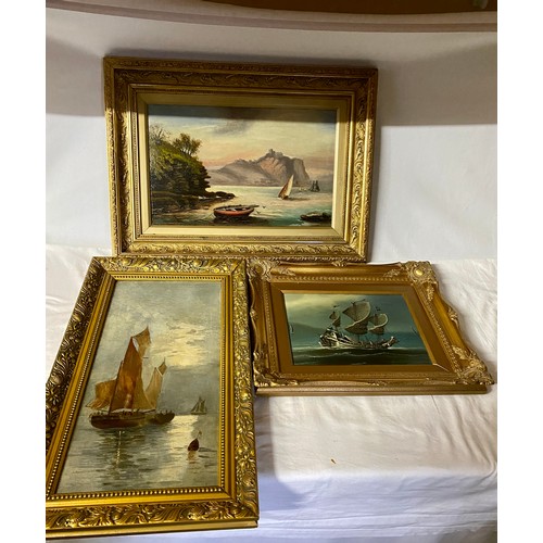 1171 - Three nautical oils. First oil on board depicting a coastal scene with rowing boat and castle 27cm x... 