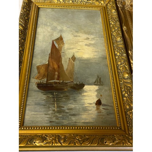 1171 - Three nautical oils. First oil on board depicting a coastal scene with rowing boat and castle 27cm x... 