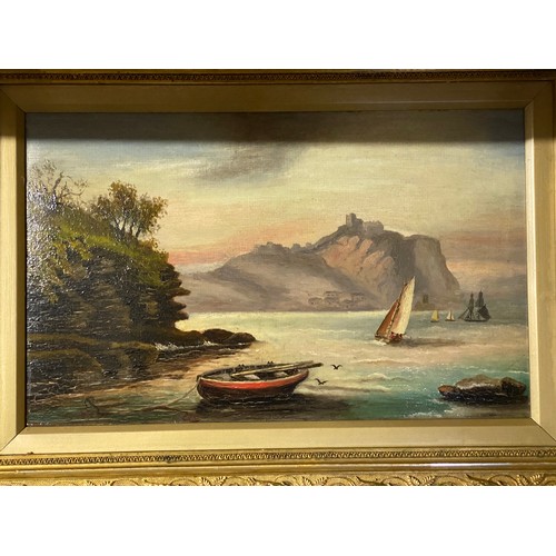 1171 - Three nautical oils. First oil on board depicting a coastal scene with rowing boat and castle 27cm x... 