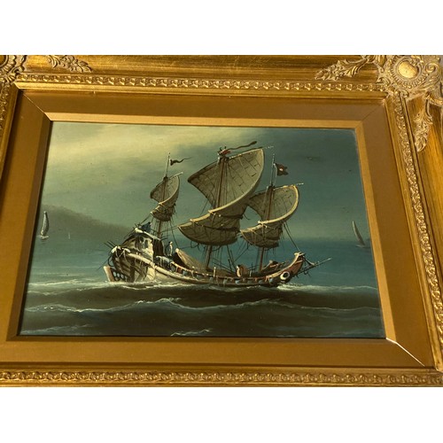 1171 - Three nautical oils. First oil on board depicting a coastal scene with rowing boat and castle 27cm x... 