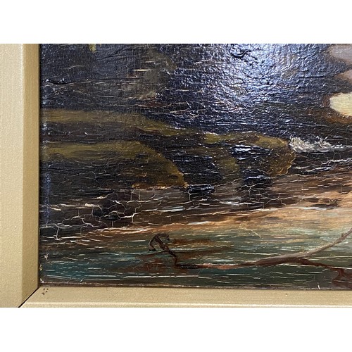 1171 - Three nautical oils. First oil on board depicting a coastal scene with rowing boat and castle 27cm x... 