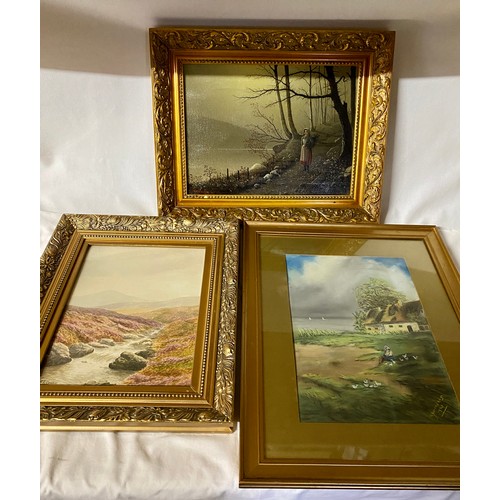 1172 - Three paintings to include F. R. Coysh watercolour of moorland scene picture size 33cm x 25cm, L. Li... 