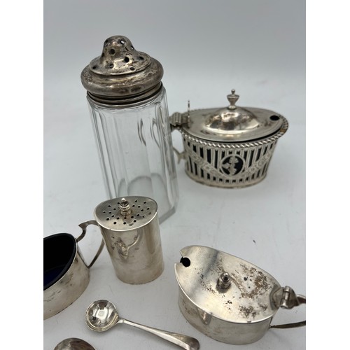 754 - Silver to include three piece cruet Birmingham 1947, maker Sanders and Mackenzie, mustard pot Cheste... 