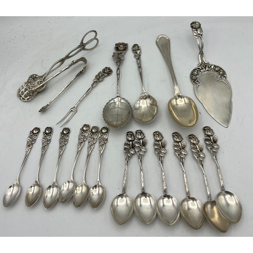 756 - German silver cutlery marked 800 and 835 to include 6 coffee spoons, 6 teaspoons, cake slice, cake t... 