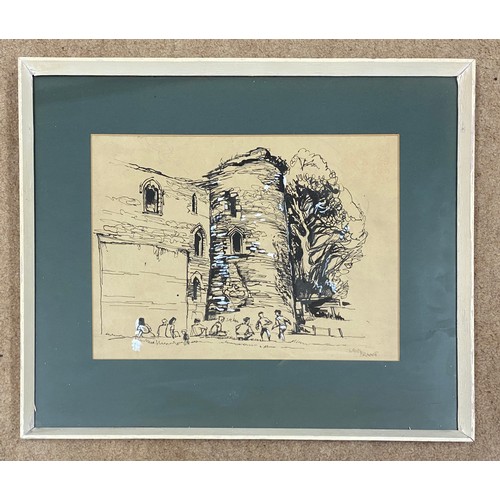 1177 - Muriel Brandt (1909-1981) Pen, ink and gouache drawing of ruins with figures pencil signature lower ... 