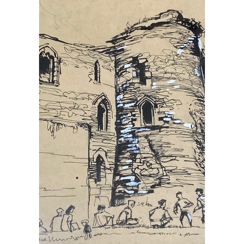 1177 - Muriel Brandt (1909-1981) Pen, ink and gouache drawing of ruins with figures pencil signature lower ... 