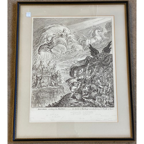 1125 - Two framed engravings of James Gillray (1757-1815) one entitled 'Disciples catching the mantle; the ... 