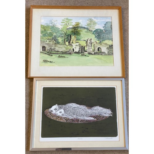 1126 - Framed print of fish on platter 'naturamorte' signature indistinct 21 x 32cm together with a naive w... 