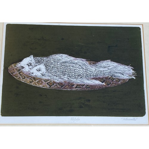 1126 - Framed print of fish on platter 'naturamorte' signature indistinct 21 x 32cm together with a naive w... 