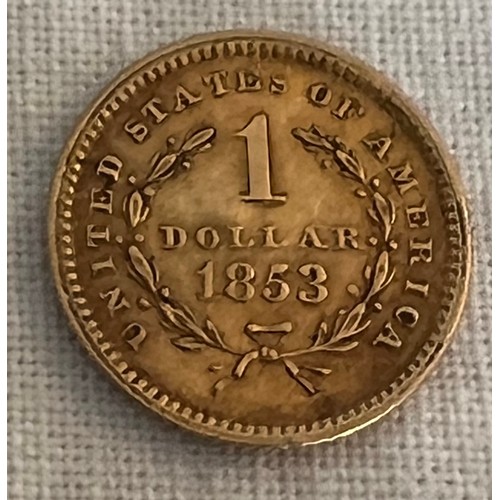 553 - A United States of America 1853 gold one dollar coin. 1.69gm.