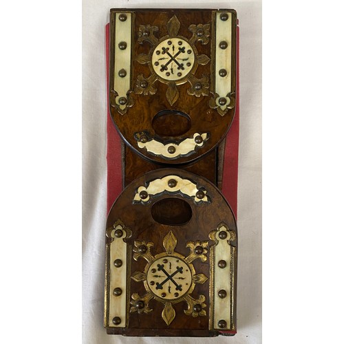 961 - A 19thC walnut adjustable bookstand with bone and brass decoration, 35 x 13.5cm closed, extended 57c... 