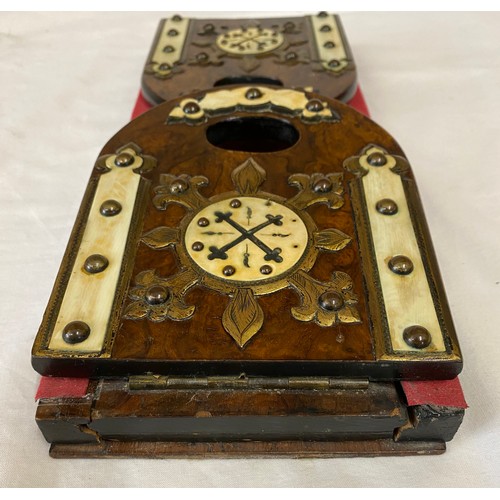 961 - A 19thC walnut adjustable bookstand with bone and brass decoration, 35 x 13.5cm closed, extended 57c... 