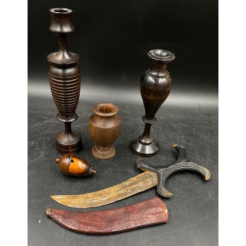 964 - Three lignum vitae items, two turned, tallest 26cm, along with a Sudanese dagger with sheath and a r... 