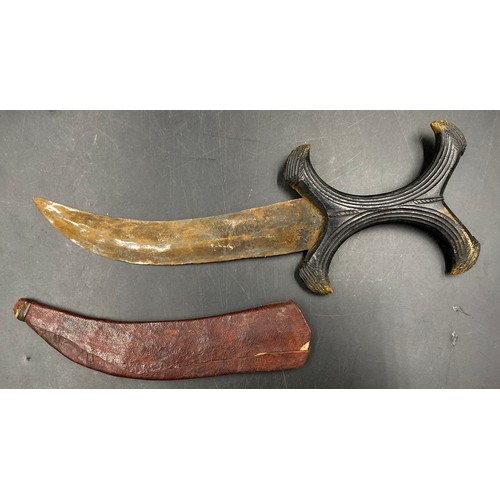 964 - Three lignum vitae items, two turned, tallest 26cm, along with a Sudanese dagger with sheath and a r... 