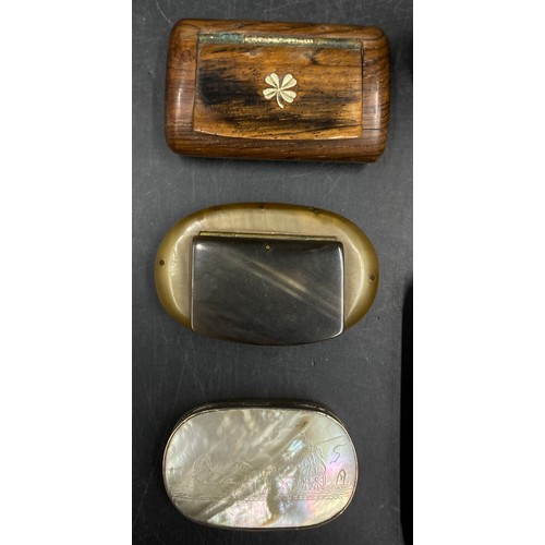 966 - A collection of mainly snuff boxes, two wooden, one with shamrock pattern, one oval mother of pearl,... 