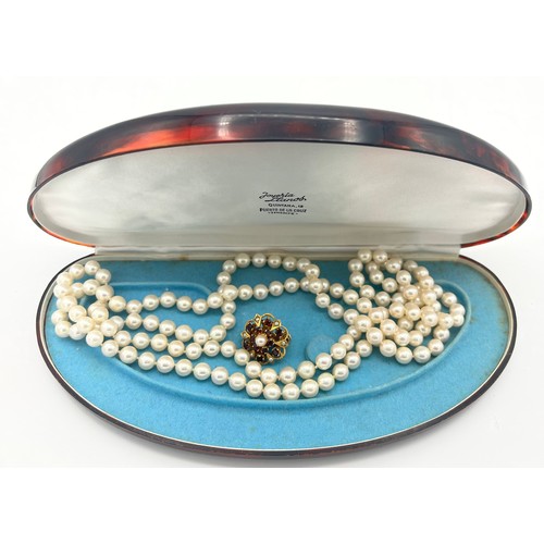 484 - A single strand cultured pearl necklace 114 cm l with 9 carat gold clasp 7.8gm set with pearls and r... 